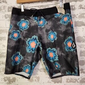Volcom Stoney Board Shorts Size 31 Black Floral Beach Hemp Fiber Water Repellent